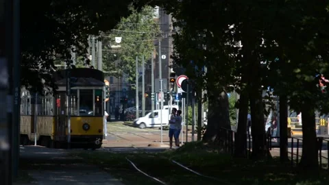 Tram arriving in milan Stock Footage 143582723