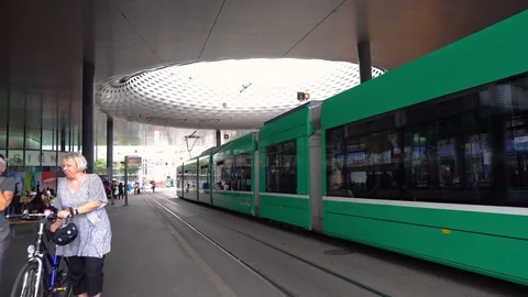 Tram at Basel Exhibition Square with Architecture Detail - Basel, Switzerland - Stock Footage 96858294