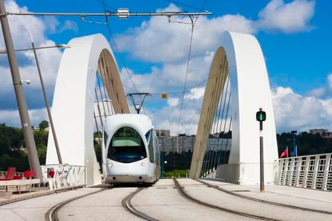 Tram on the bridge Stock Photos