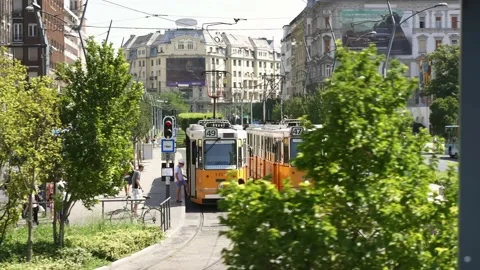 Tram in Budapest, old trolley tramway road in Budapest Old Town. historic rail  Stock Footage 224787224