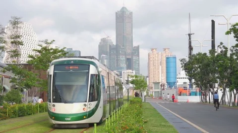 Tram of the Circular light rail KLRT, Kaohsiung, Taiwan Stock Footage 108895848