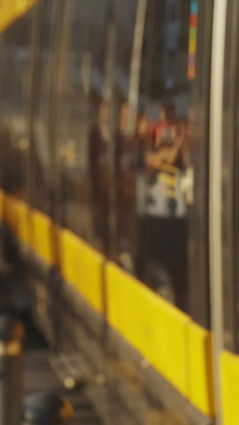 A tram in city arrived close up Stock Footage 330250837
