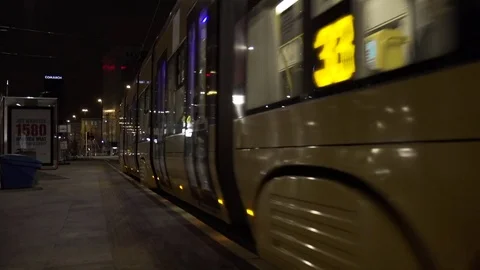 Tram in the city, night Stock Footage 72256323