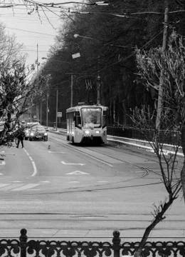 A tram in a city Stock Photos
