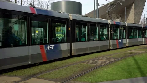 Tram in city station grass Stock Footage 149769799