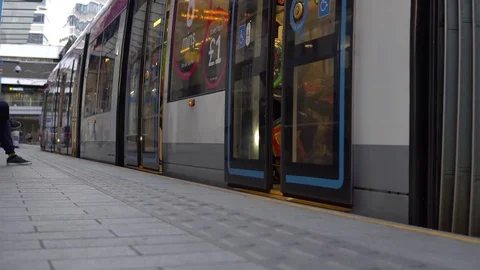 Tram close and the tram drives away Stock Footage 81604625