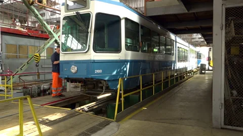 Tram Depot: A Second Life for Old Swiss Trams. Stock Footage 342063459
