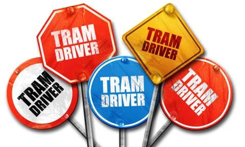 Tram driver, 3D rendering, rough street sign collection Stock Illustration