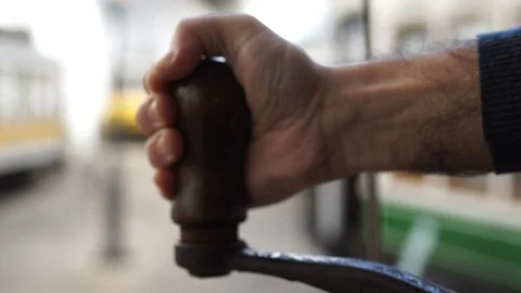 Tram driver - close up steering wheel. Video stock 89571278