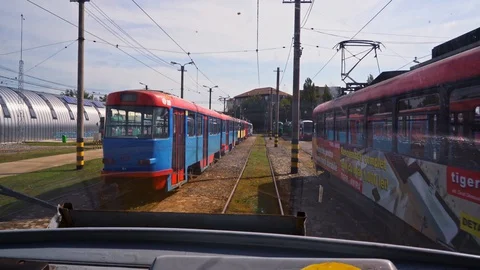 Tram Driving From Inside View Depot Station Warehouse Vídeo Stock 128486517