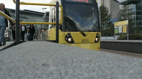 Tram Drops Off Passengers HD Stock Footage 10688054