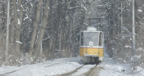 Tram in a forest covered in snow in sofia (S-log2) 스톡 동영상 86854116