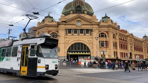 Tram in front of Flinders Station. Stock Footage 91755636