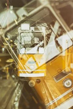 Tram in garage Foto stock