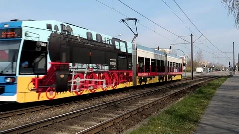 A Tram goes through the city Stock Footage 105895039