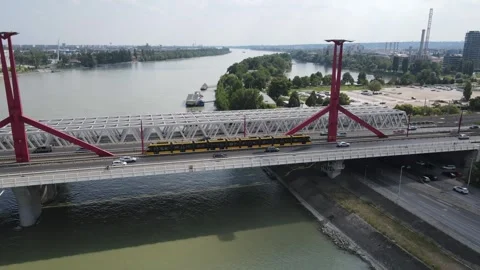 Tram is going on the bridge in Budapest - Duna Stock Footage 288109425