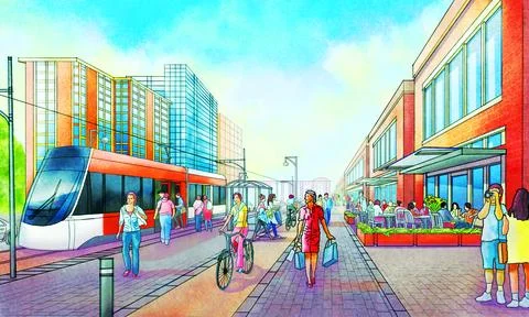 Tram on High Street Stock Illustration