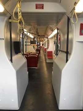 Tram inside empty seats without people public transport Stock Photos