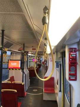 Tram inside empty seats without people public transport Stock Photos