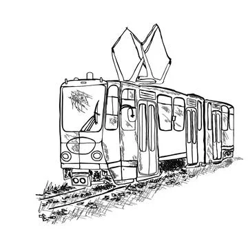 Tram isolated on white background. Public transport. Hand drawn retro tram. Stock Illustration