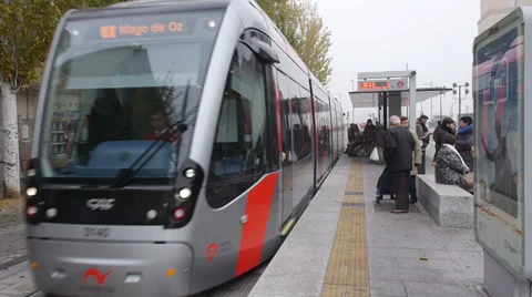 Tram leaving a station Stock Footage 34862088