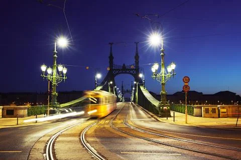 Tram on Liberty Bridge (Freedom Bridge) in Budapest, Hungary Stock Photos