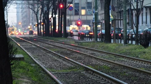 Tram line milan with characteristic yellow trams Stock-Footage 71982947