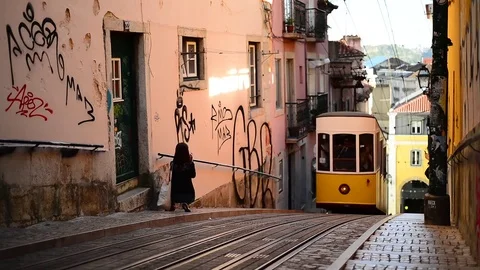 Tram in Lisbon, Elevador da Bica, Portugal Stock Footage 75822044