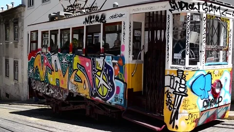 Tram in Lisbon, Elevador da Gloria, Portugal Stock Footage 75821915