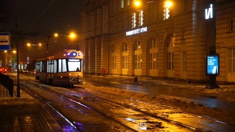 Tram movement in the night city Stock Footage 301881715