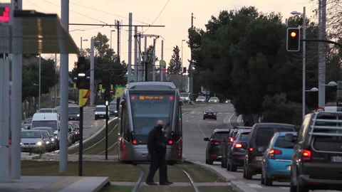 Tram moving away Stock Footage 162324868