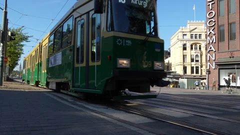 A tram moving down the street in Helsinki, Finland Video stock 330193841