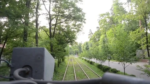 Tram moving in natural environment, view from the top Stock Footage 70841496