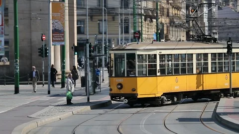 Tram moving on street in slow motion Stock Footage 89975441