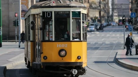 Tram moving on street in slow motion Stock Footage 89975484