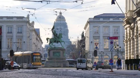 Tram Moving Through Place Royale (Or Koningsplein) In Brussels, Belgium. Stock Footage 74339488