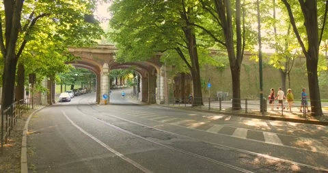 Tram Moving Through Tree-Lined Street and Stone Archway in Turin, Italy on 库存影片 341106955