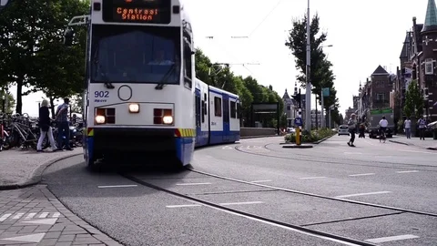 Tram moving towards the camera next to the Rijksmuseum, Amsterdam, Netherlands Stock Footage 79681710
