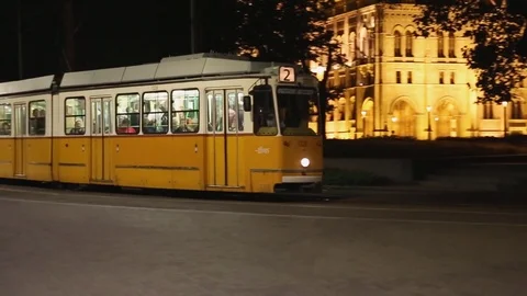 A tram at night in Budapest Stock Footage 83452449