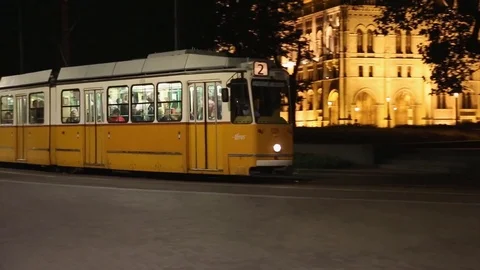 A tram at night in Budapest Stock Footage 83452750