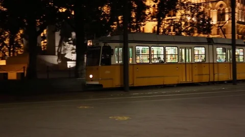 A tram at night in Budapest Stock Footage 83452812