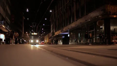 Tram in the night filmed from below Stock Footage 87039694