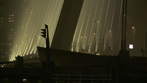 Tram over the Erasmusbrug in Rotterdam by night. Stock Footage