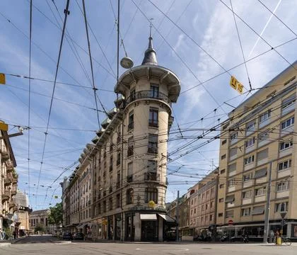 Tram Overhead Wire Network in Geneva City Centre Stock Photos