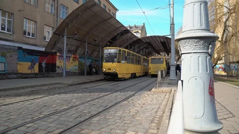 The tram passes the stop Stock Footage 124986025