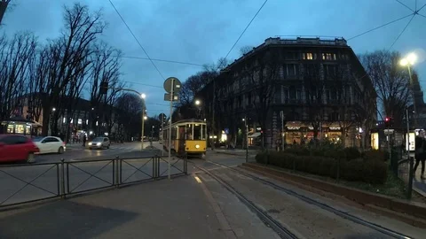 A tram passes through the center of Milan Stock Footage
