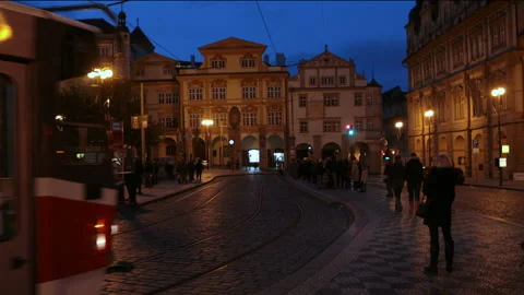 Tram passing in blue hours in Prague Stock Footage 132326401