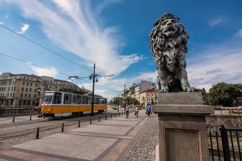 Tram passing on the bridge of lions in Sofia> Stock Photos