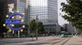 Tram Passing Financial Center Frankfurt Euro Sign European Central Bank People HD Footage