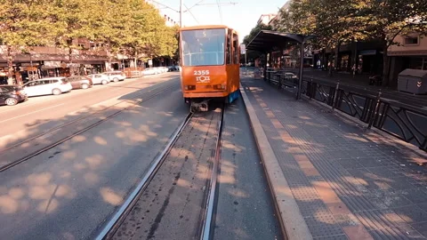 A tram is passing over one of main street in Belgrade. Video stock 164867803